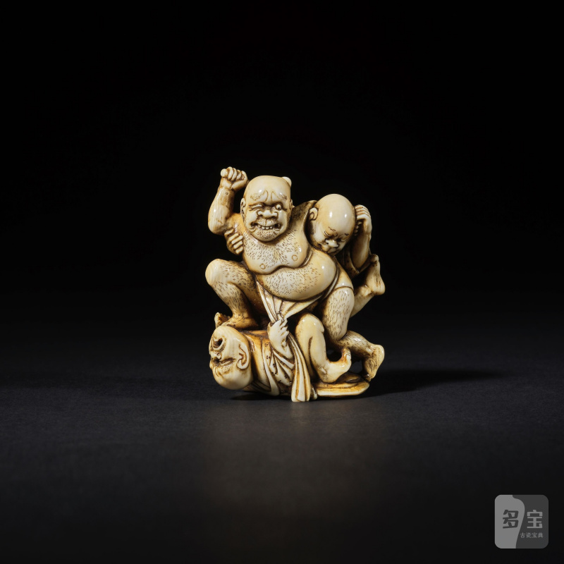 象牙彫根付 坊主の喧嘩 銘「是楽」 19世紀 | NETSUKE EN IVOIRE REPRÉSENTANT TROIS AVEUGLES SE BATTANT